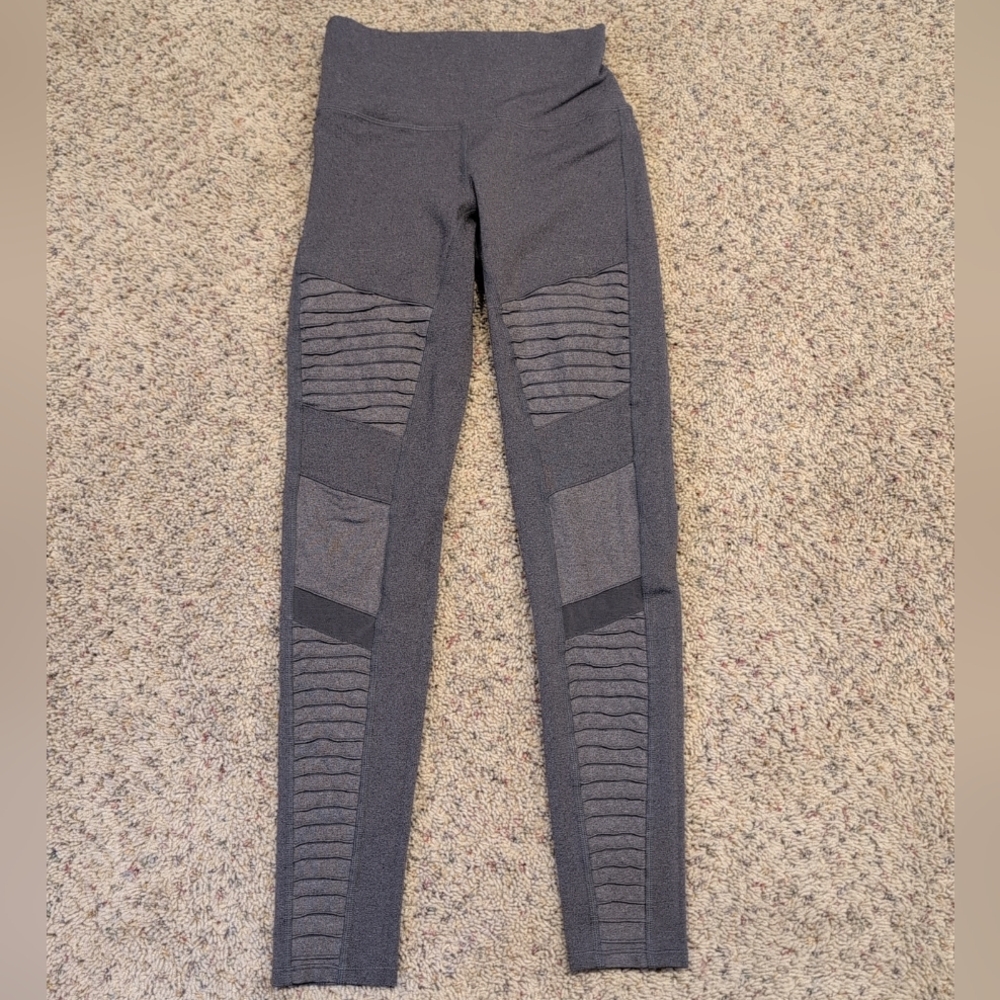 alo Women's Size M Leggings Charcoal Black Ribbed Mesh Full Length Stretch Fit